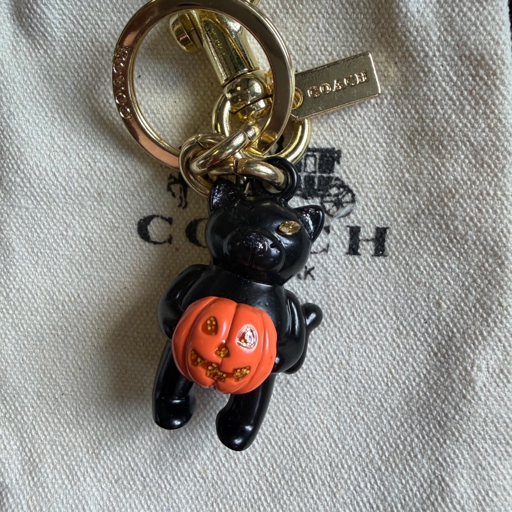 Coach Black Cat with Orange Pumpkin Key Charm